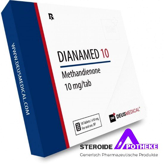 Dianamed 10 (Methandienon) von Deus Medical. Packung mit 50 Tabletten, jede enthält 10 mg Methandienon