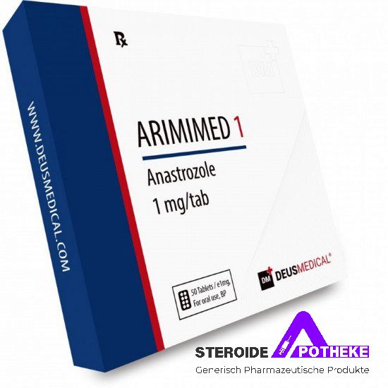 ARIMIMED 1 (Arimidex) von Deus Medical. Packung mit 50 Tabletten, jede enthält 1 mg Anastrozol