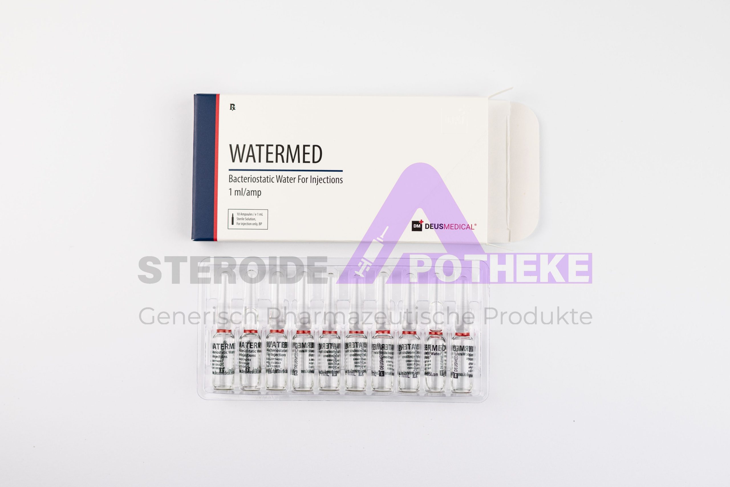 WATERMED von Deus Medical. Packung mit 10 Ampullen, jede enthält 1 ml.