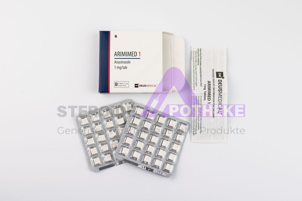 ARIMIMED 1 (Arimidex) von Deus Medical. Packung mit 50 Tabletten, jede enthält 1 mg Anastrozol