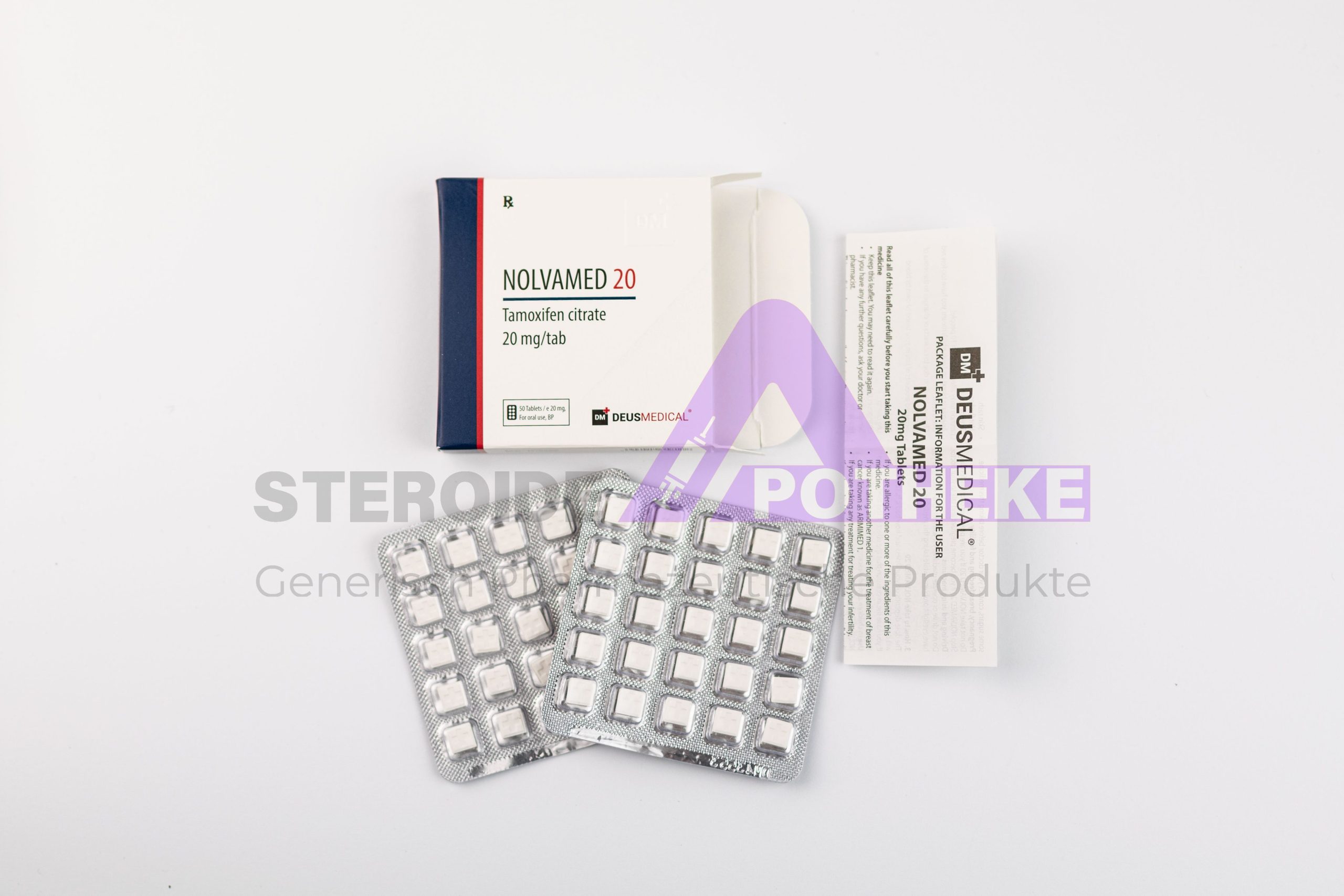 NOLVAMED 20 (Tamoxifen) von Deus Medical. Packung mit 50 Tabletten, jede enthält 20 mg Tamoxifen