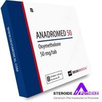 ANADROMED 50 von Deus Medical. Packung mit 50 Tabletten, jede enthält 50 mg Oxymetholon.