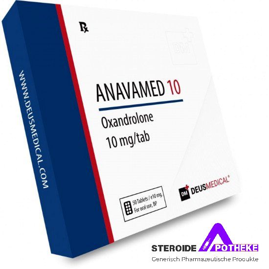 ANAVAMED 10 (Oxandrolone) von Deus Medical. Packung mit 50 Tabletten, jede enthält 10 mg Oxandrolon