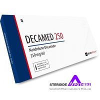 Decamed 250 (Nandrolon Decanoat) von Deus Medical. Verpackung mit 10 Ampullen, jede enthält 1 ml mit 250 mg Nandrolon Decanoat