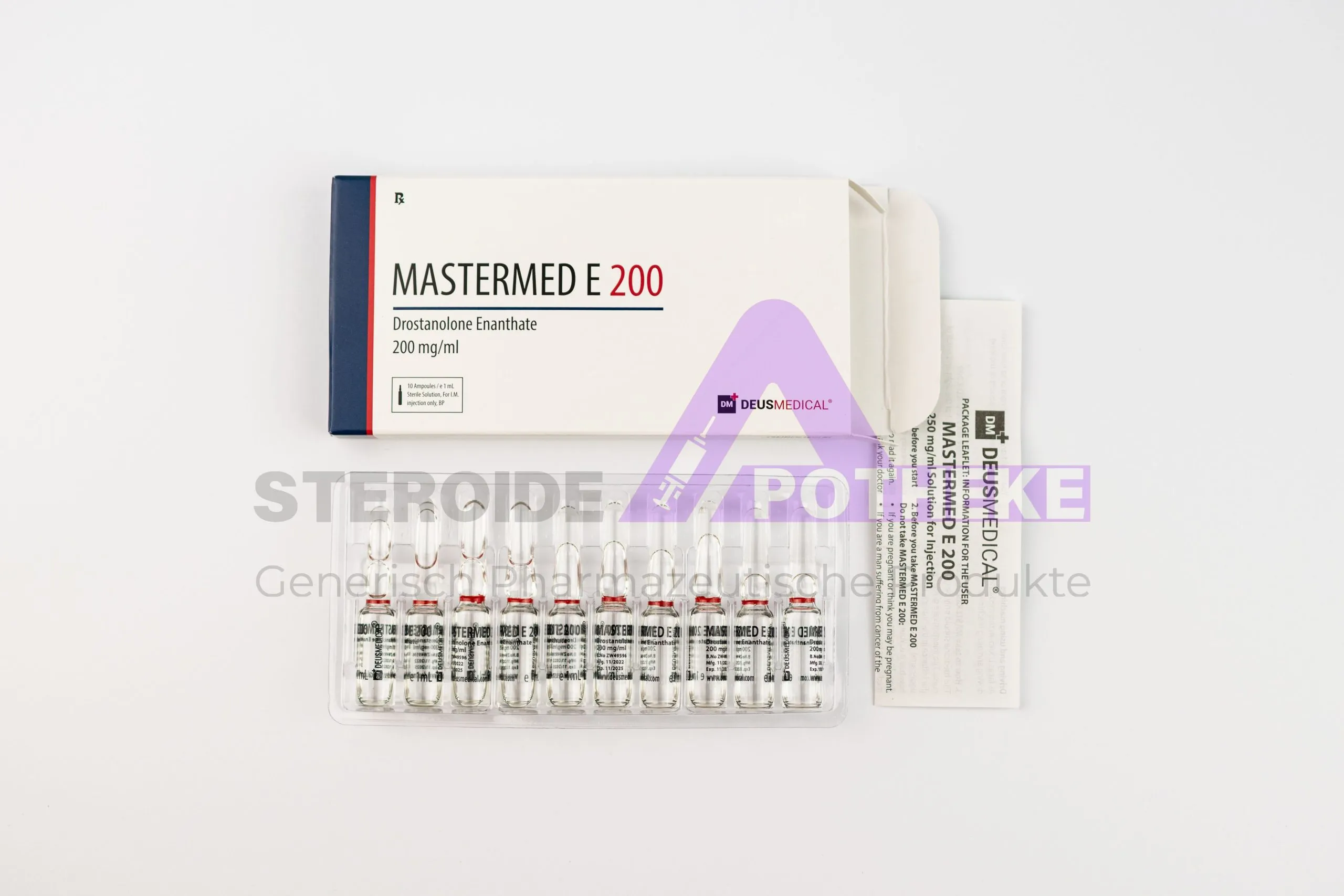 MASTERMED E 200 DeusMedical 10ml (200mg/ml) 1 Mastermed E 200 (Drostanolon-Enanthate 200 mg/ml) 10-ml-Flasche öliger Lösung zur intramuskulären Injektion – langwirkendes, nicht-aromatisierendes DHT-Derivat von DeusMedical