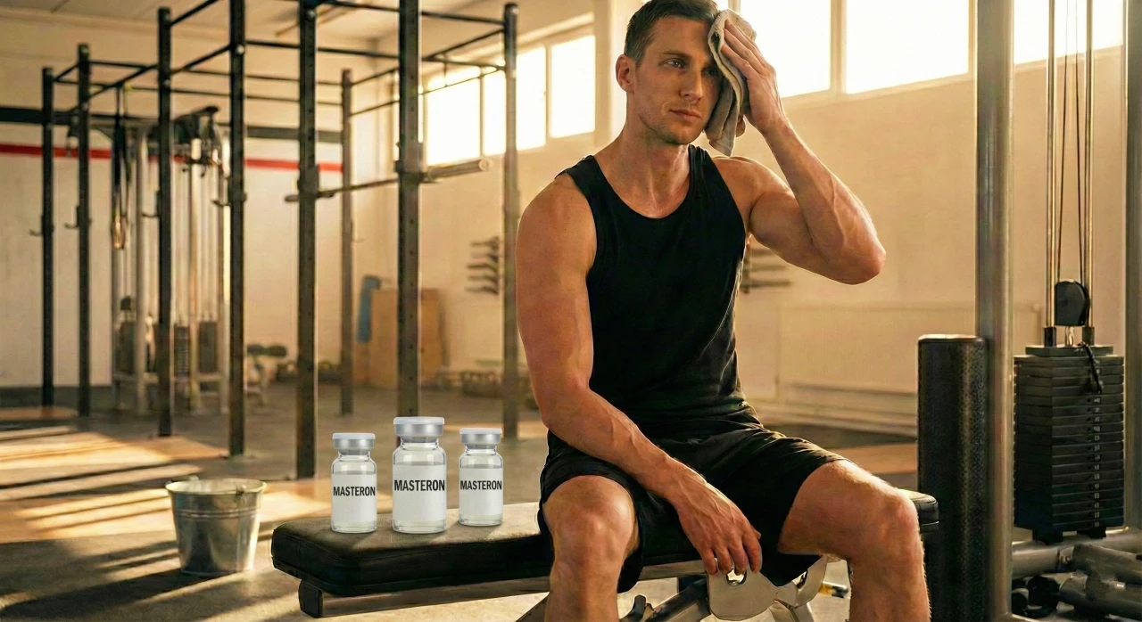 Schlanker, muskulöser männlicher Athlet in einem Fitnessstudio, der extreme Muskelhärte und trockene Definition zeigt, mit einer pharmazeutischen Ampulle mit der Aufschrift „Masteron – Drostanolon Propionat” auf der Bank – dies veranschaulicht den antiöstrogenen, wasserarmen Körperbau, der mit der Verwendung von Masteron verbunden ist.