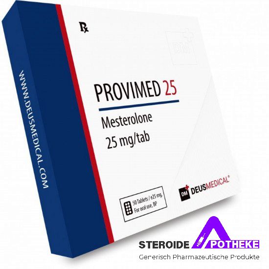 Provimed 25 (Mesterolon) von Deus Medical. Packung mit 50 Tabletten, jede enthält 25 mg Mesterolon