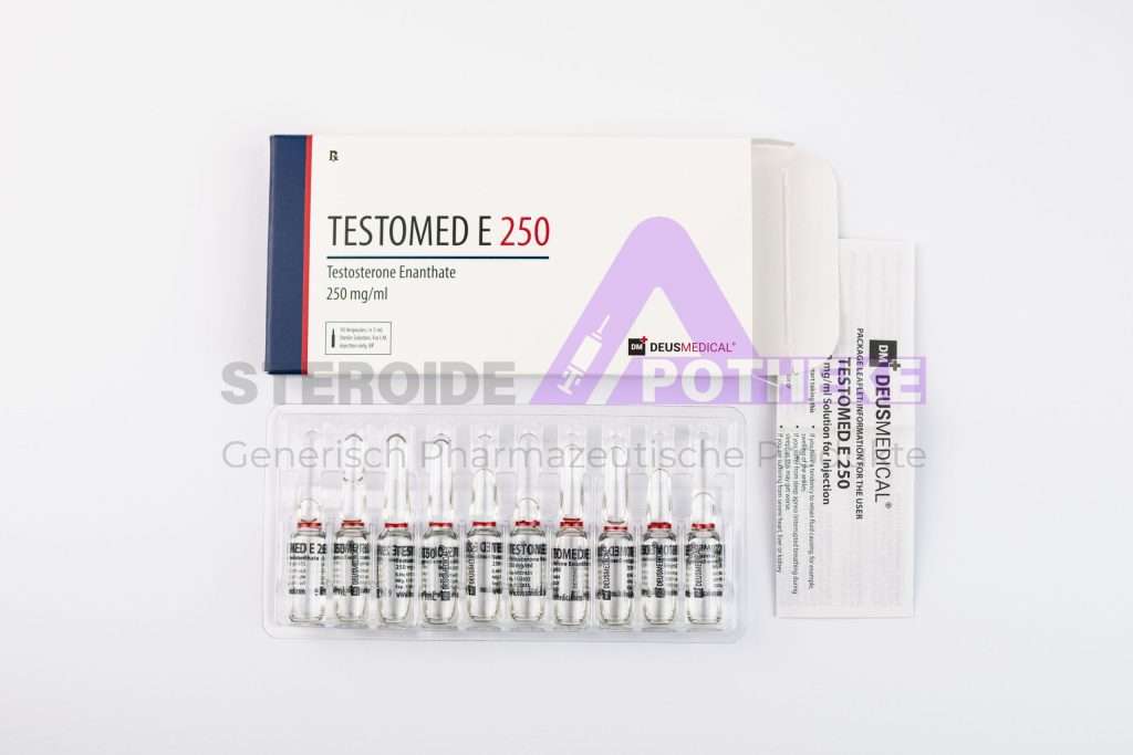 alt=„10 Ampullen à 1 ml Testomed E 250 mit 250 mg/ml pharmazeutischem Testosteron-Enanthate von DeusMedical, hergestellt nach GMP-Standards“