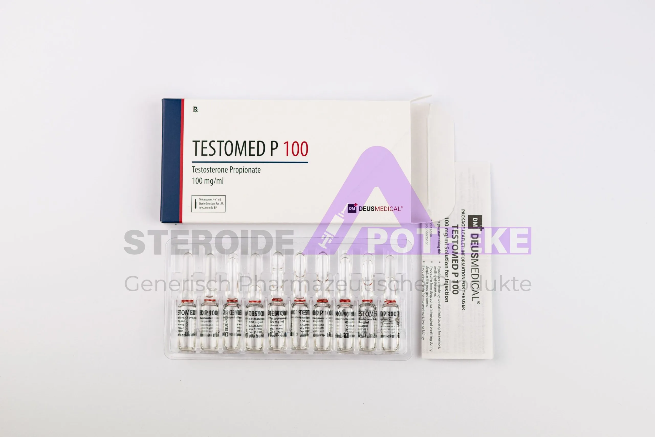 TESTOMED P 100 (Testosteron Propionat) DeusMedical 10ml (100mg/ml) 1 Testomed P 100 (Testosteron-Propionat 100 mg/ml) 10-ml-Flasche öliger Lösung zur intramuskulären Injektion – kurzwirksames anaboles Androgen von DeusMedical