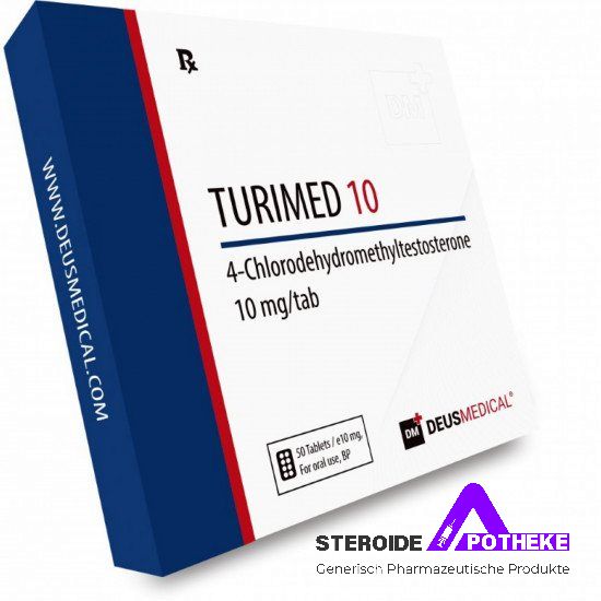 TURIMED 10 von Deus Medical. Packung mit 50 Tabletten, jede enthält 10 mg Turinabol