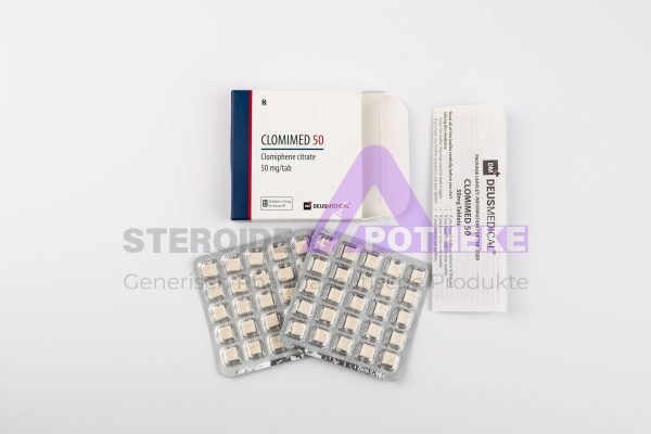 CLOMIMED 50 (Clomifencitrat) von Deus Medical. Packung mit 50 Tabletten, jede enthält 50 mg Clomifencitrat