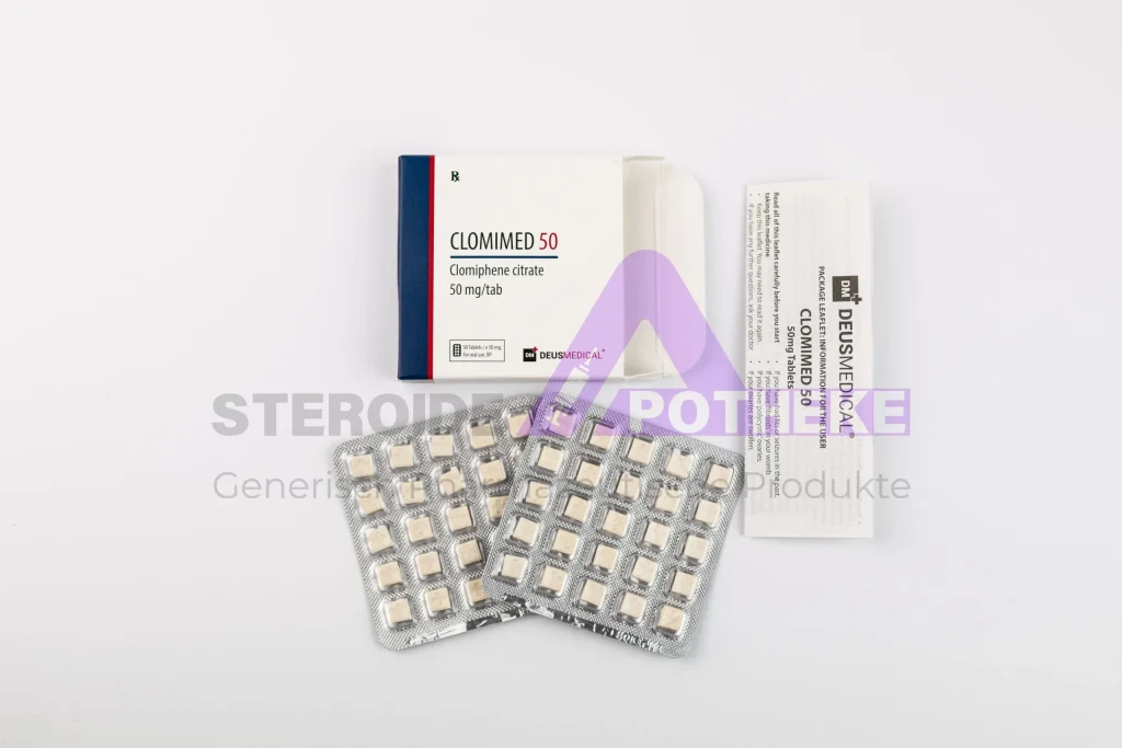 Clomimed 50 (Clomifencitrat 50 mg) 50-Tabletten-Blister von DeusMedical – selektives östrogenrezeptor-modulierendes SERM zur HPTA-Reaktivierung nach Steroidkur