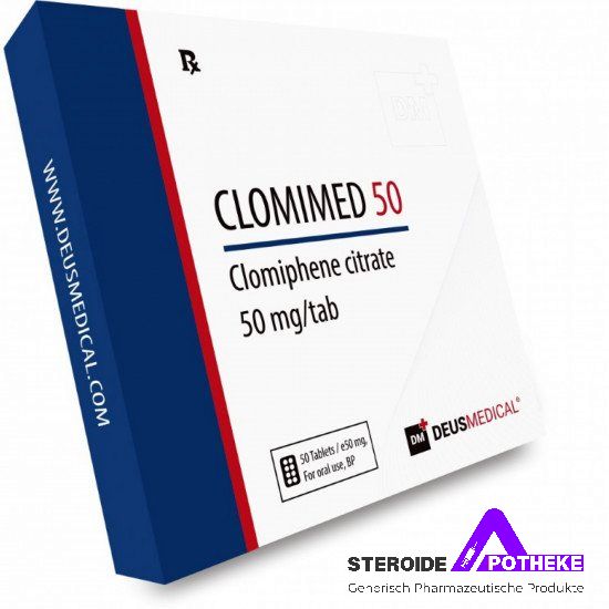 CLOMIMED 50 (Clomifencitrat) von Deus Medical. Packung mit 50 Tabletten, jede enthält 50 mg Clomifencitrat