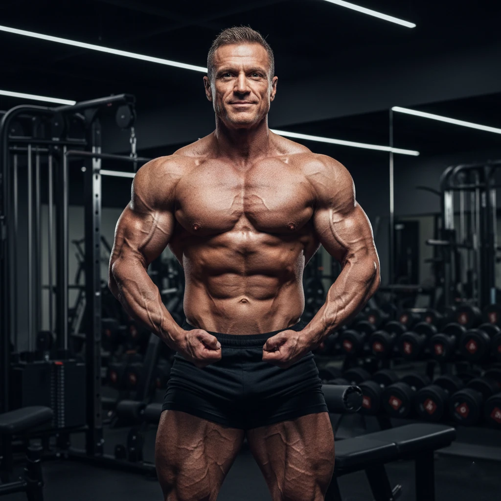 Europäischer Bodybuilder mit extremer Muskeldefinition und niedrigen Körperfettanteil im HGH Kontext