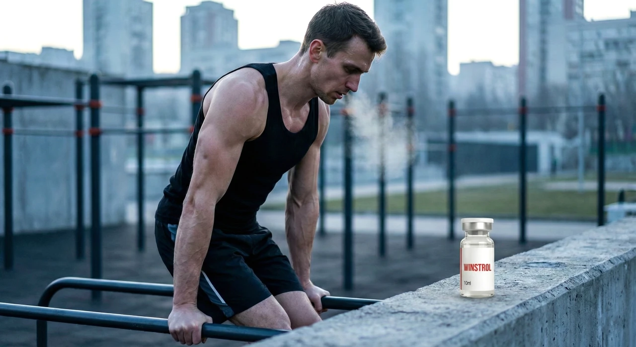 Schlanker, muskulöser männlicher Athlet, der in einem Outdoor-Fitnessstudio Calisthenics-Übungen macht, mit einer minimalistischen 10-ml-Ampulle mit der Aufschrift „WINSTROL” auf einem nahe gelegenen Vorsprung – dies veranschaulicht den trockenen, harten, wasserfreien Körperbau, der mit der Einnahme von Stanozolol in Verbindung gebracht wird.