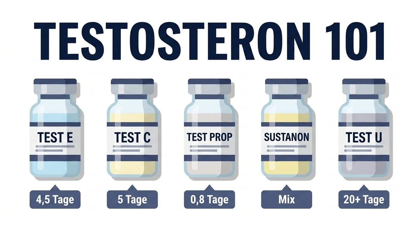 Testosteron 101 – Übersicht aller Testosteron-Ester: Enantat, Cypionat, Propionat, Sustanon und Undecanoat mit Halbwertszeiten