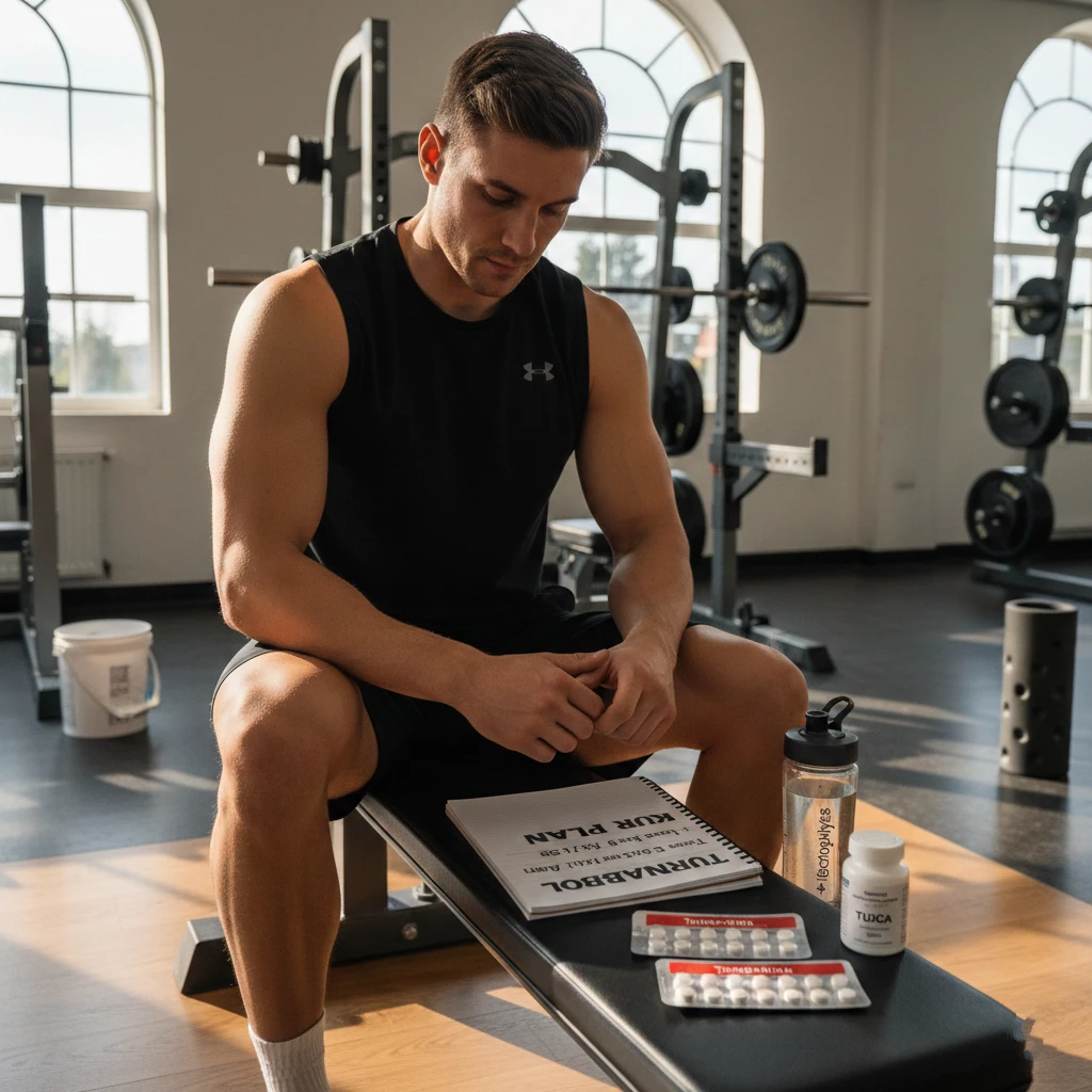 Ein schlanker, männlicher Bodybuilder schaut sich in einem Fitnessstudio ein handgeschriebenes Notizbuch mit dem Titel „Turinabol Kur Plan“ an. Darin sind zwei Blisterpackungen mit Turinabol 10 mg und Nahrungsergänzungsmittel zur Unterstützung der Leber sichtbar – ein Beispiel für eine strukturierte, auf Risiken bedachte Kurplanung.