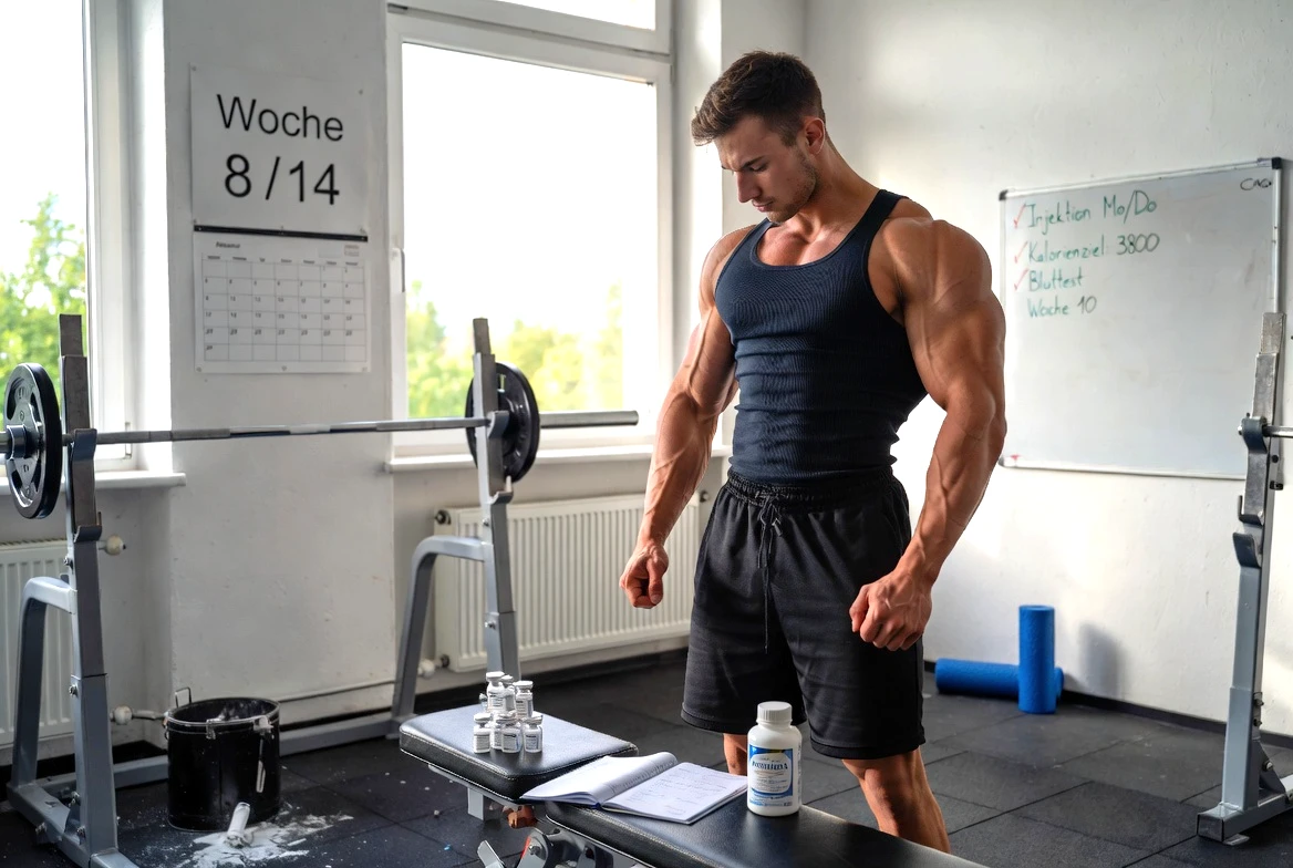 Schlanker männlicher Bodybuilder in einem Fitnessstudio neben einem Stapel von drei 10-ml-Ampullen Boldenon Undecylenate während Woche 8 eines Zyklus, mit Trainingsprotokoll und unterstützenden Nahrungsergänzungsmitteln im Blickfeld – ein Beispiel für disziplinierte Anwendung in der Mitte des Zyklus mit Fokus auf fettfreier Masse und appetitgesteuerten Zuwächsen.