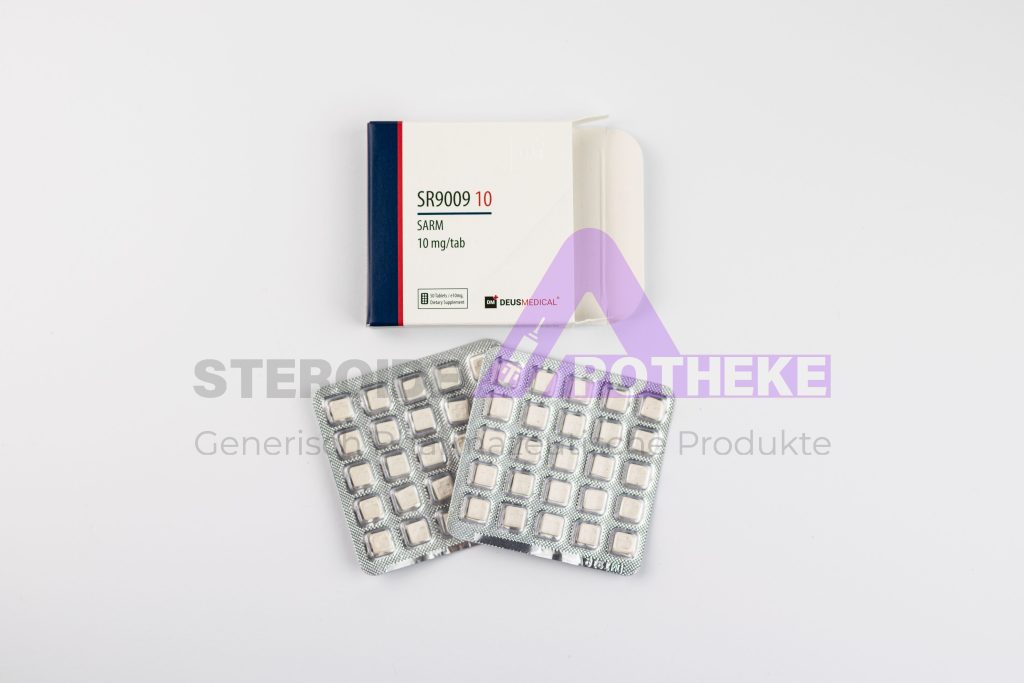 SR9009 10 (Stenabolisch) von Deus Medical. Packung mit 50 Tabletten, jede enthält 10 mg SR9009.