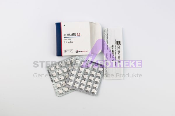 FEMAMED 2.5 (Letrozol) von Deus Medical. Packung mit 50 Tabletten, jede enthält 2.5 mg Letrozol.