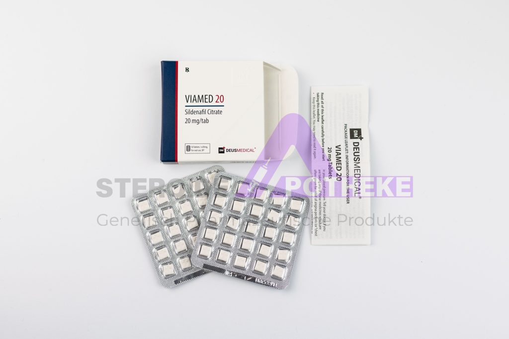 VIAMED 20 (Sildenafil-Zitrat) von Deus Medical. Packung mit 50 Tabletten, jede enthält 20 mg Sildenafil-Zitrat