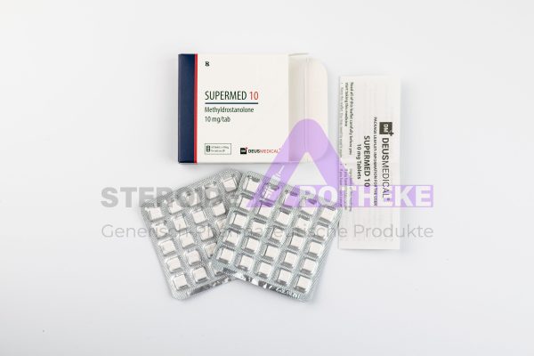 SUPERMED 10 (Methyldrostanolon) von Deus Medical. Packung mit 50 Tabletten, jede enthält 10 mg Methyldrostanolon