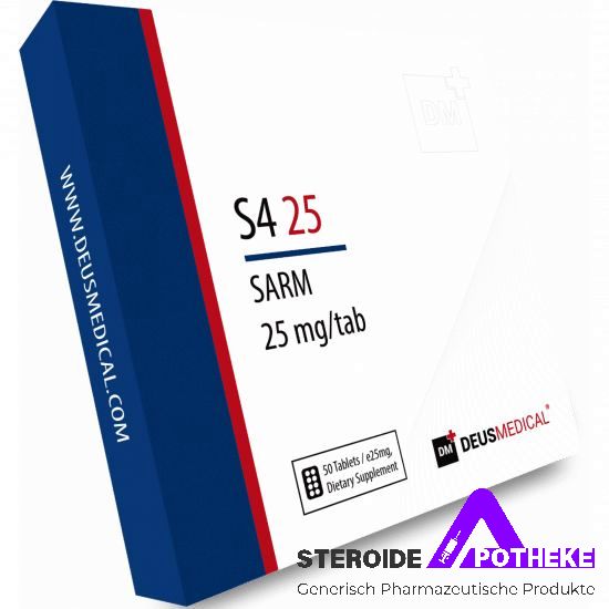 S4 25 (Andarine) von Deus Medical. Packung mit 50 Tabletten, jede enthält 25 mg Andarine (S4)