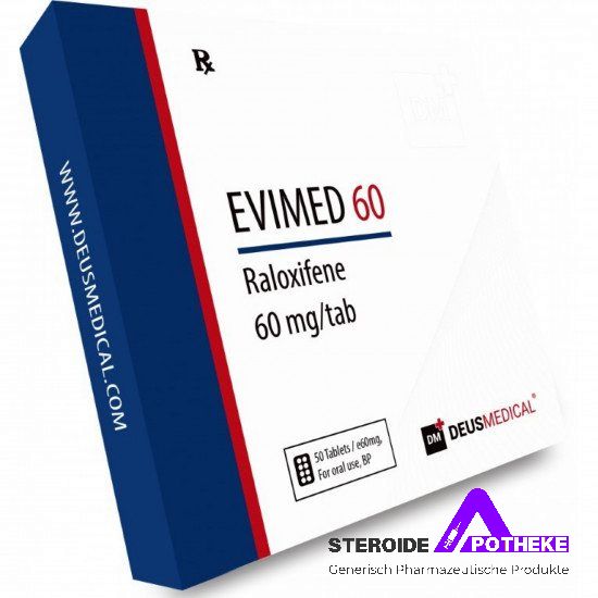 EVIMED 60 (Raloxifen HCL) von Deus Medical. Packung mit 50 Tabletten, jede enthält 60 mg Raloxifen HCL