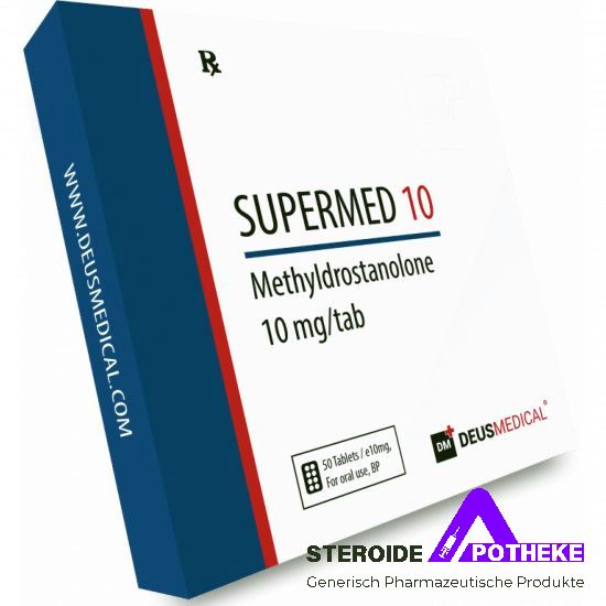 SUPERMED 10 (Methyldrostanolon) von Deus Medical. Packung mit 50 Tabletten, jede enthält 10 mg Methyldrostanolon