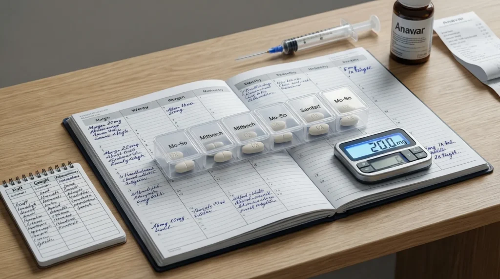 Ein hyperrealistischer Overhead-Blick auf einen detaillierten 6-Wochen-Plan für eine Anavar-Kur mit Wochenplaner, Pillenorganizer, Milligramm-Waage, Protokollheft und unterstützenden Supplementen