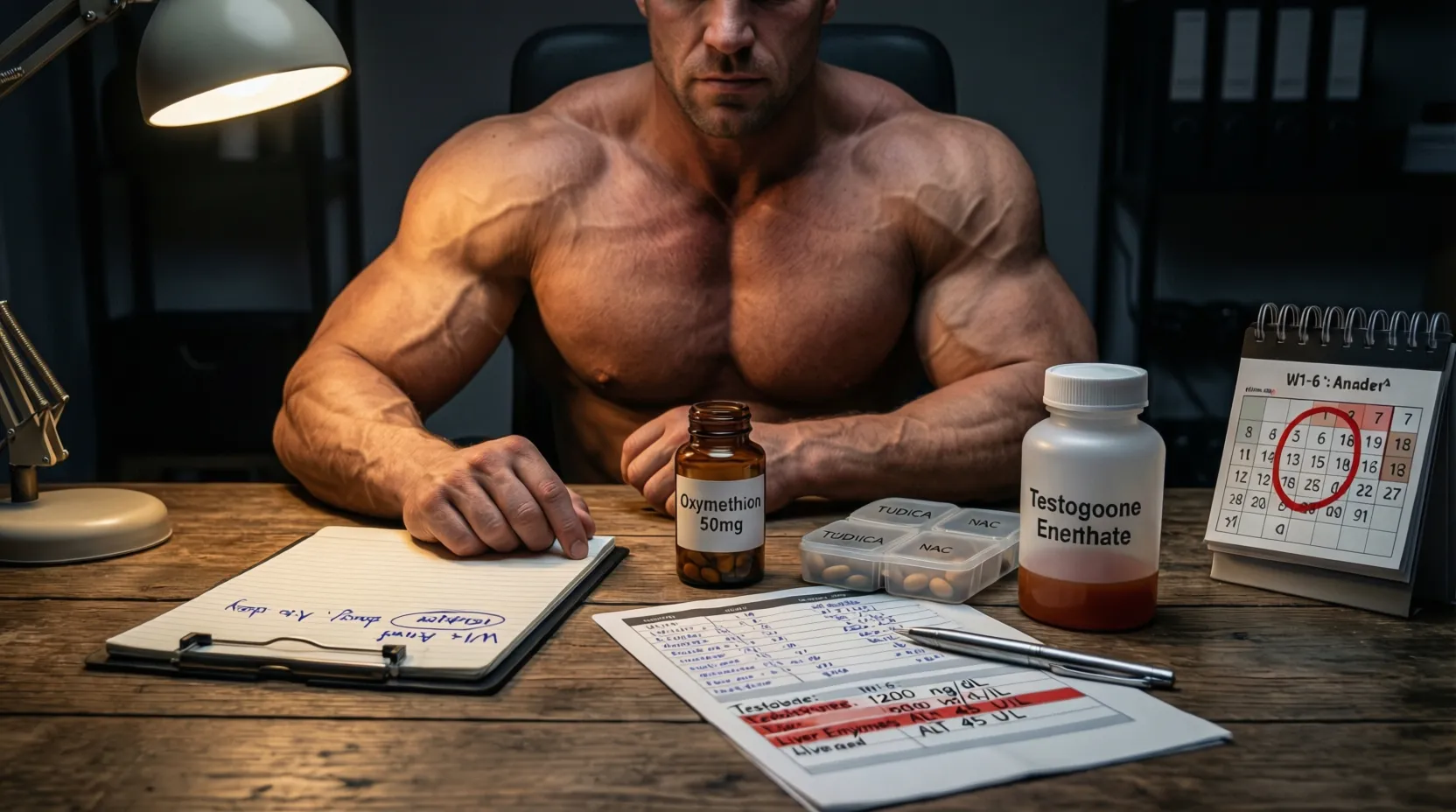 Bodybuilder plant ernsthaft einen Anadrol-Zyklus an einem Tisch mit einer Oxymetholon-Flasche, Testosteron, Leberschutz-Präparaten (TUDCA/NAC), einem 6-Wochen-Plan und Blutergebnissen