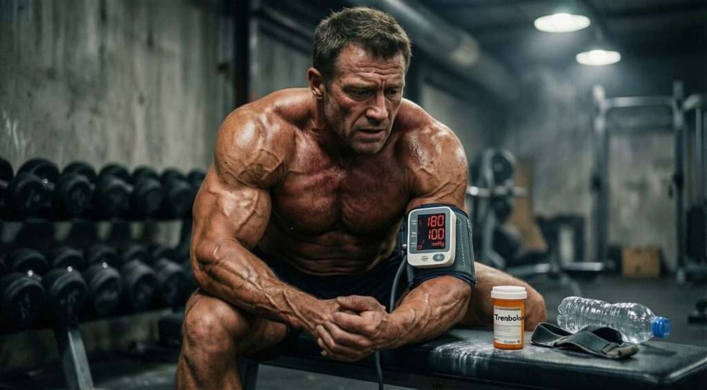 Ein durchtrainierter Bodybuilder misst nach dem Training in der Gym seinen Blutdruck. Das Gerät zeigt einen gefährlich hohen Wert von 180 zu 100. Sein Gesichtsausdruck ist besorgt
