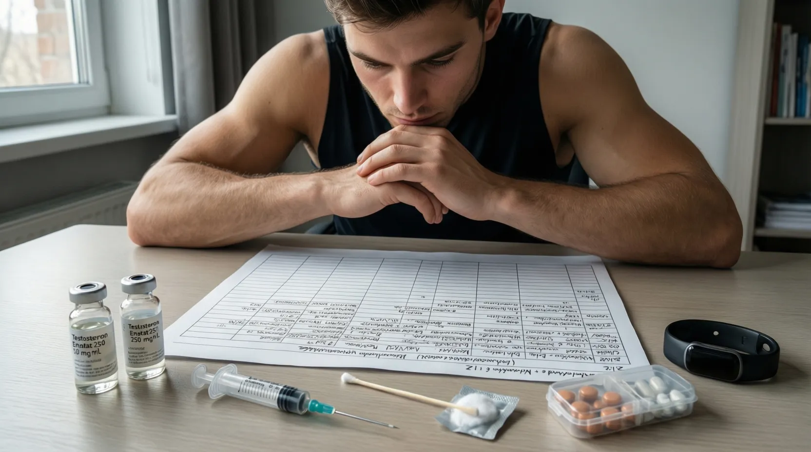Ein junger Athlet plant verantwortungsvoll seinen ersten Testosteron Enantat-Zyklus anhand eines handgeschriebenen 12-Wochen-Plans, mit Ampullen, Spritze und PCT-Medikamenten vor sich auf dem Tisch