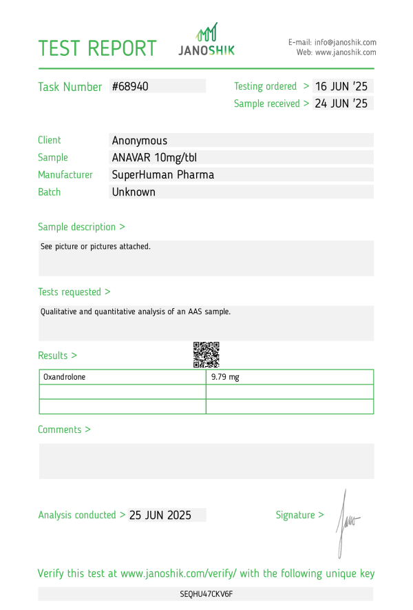 Labortest von Anavar der Marke Superhuman Pharma – Überprüfung der Wirkstoffkonzentration und Reinheit durch ein unabhängiges Prüflabor.