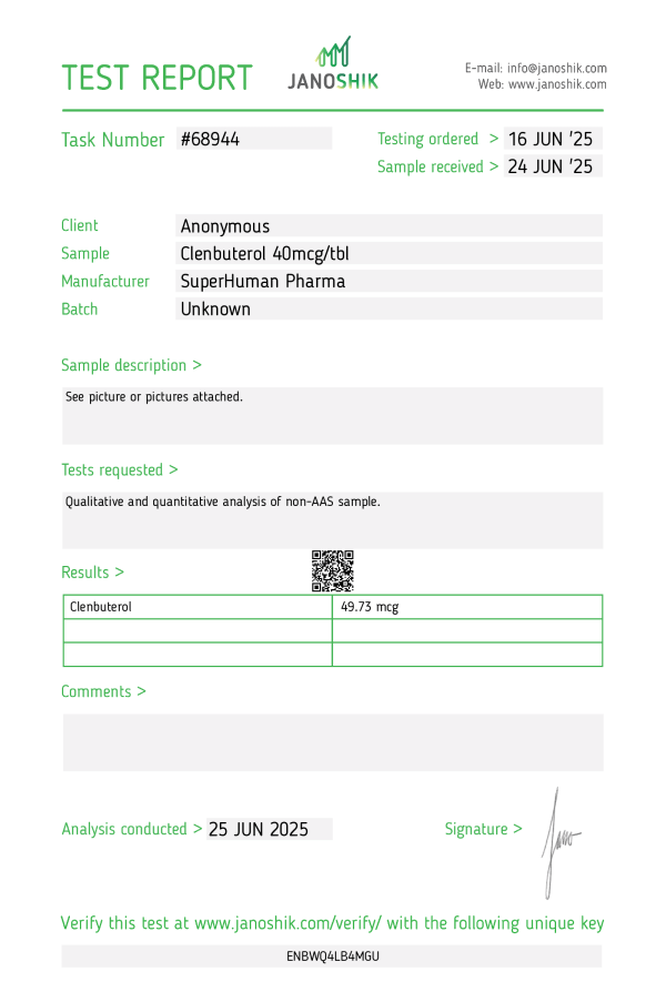 Labortest von Clenbuterol der Marke Superhuman Pharma – Analyse der Wirkstoffqualität und Reinheit durch ein zertifiziertes, unabhängiges Labor