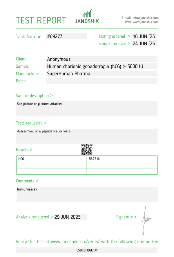Dies ist ein Labortest des HCG 5000, hergestellt von Superhuman Pharma
