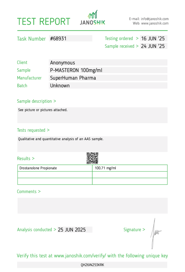 Labortest von Masteron der Marke Superhuman Pharma – Analyse zur Bestimmung von Wirkstoffgehalt und Reinheit durch ein unabhängiges Labor.