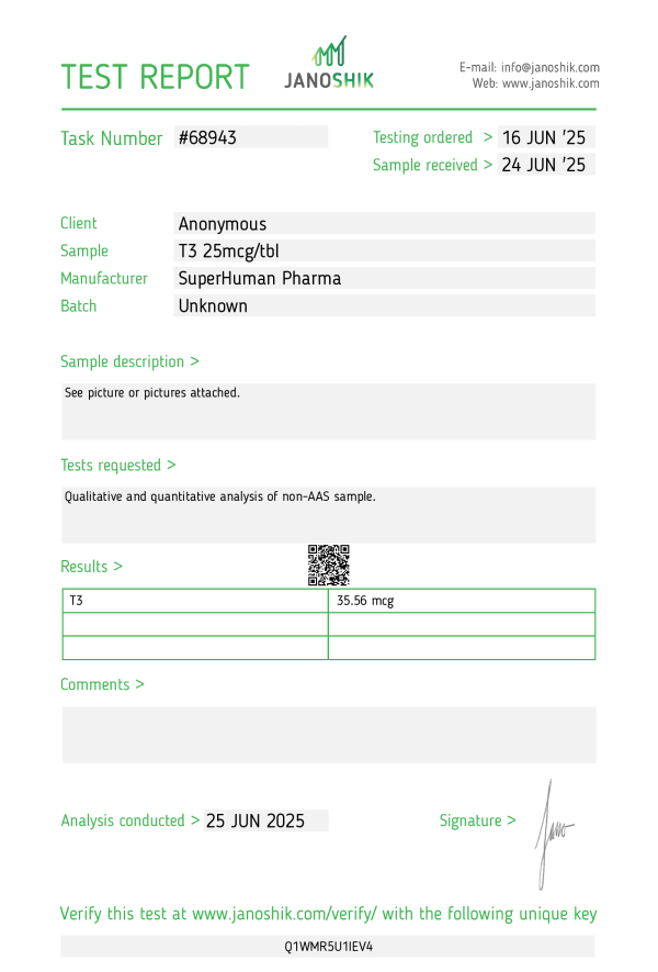 Labortest von T3 der Marke Superhuman Pharma – Überprüfung der Wirkstoffdosierung und Reinheit durch ein unabhängiges, spezialisiertes Labor