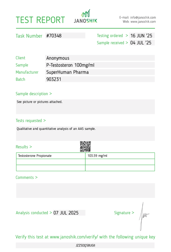 Labortest von Testosteronpropionat von Superhuman Pharma zur Überprüfung von Reinheit und Wirkstoffgehalt