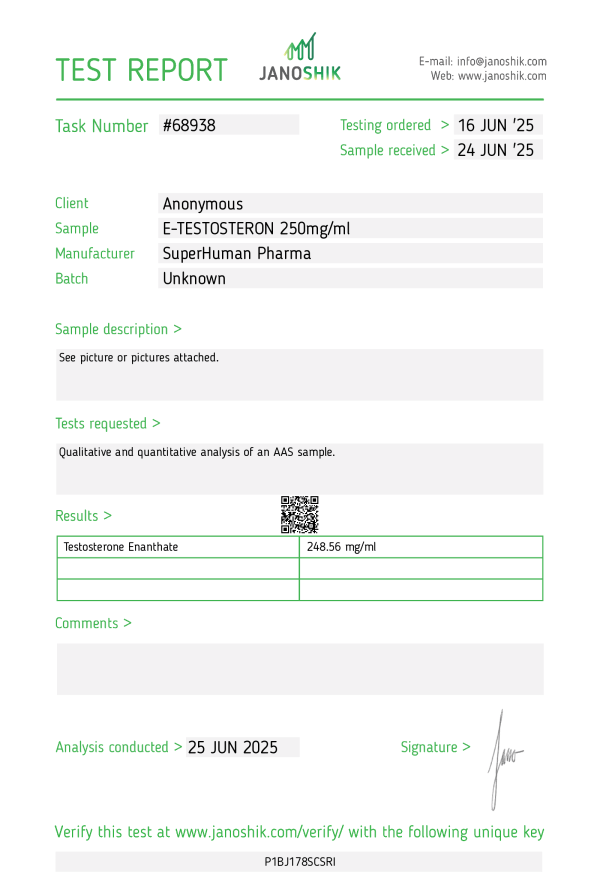 Labortest von Testosteron Enanthate der Marke Superhuman Pharma – Analyse der Wirkstoffkonzentration und chemischen Reinheit durch ein unabhängiges Prüflabor