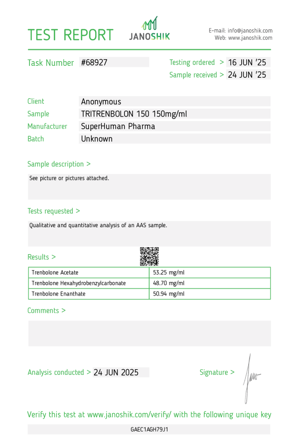 Alt-Text auf Deutsch: Labortest von Tri-Trenbolon der Marke Superhuman Pharma – Überprüfung der Wirkstoffreinheit und Dosierung durch ein unabhängiges Prüflabor