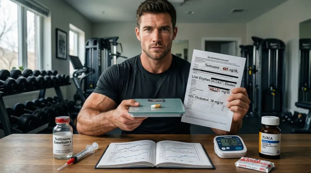 Bodybuilder in seinem Home-Gym wiegt eine Steroid-Tablette auf einer Präzisionswaage und hält Blutwerte in der Hand. Vor ihm liegen einerseits Testosteron und Trainingsplan, andererseits Blutdruckmesser und Entgiftungspräparate