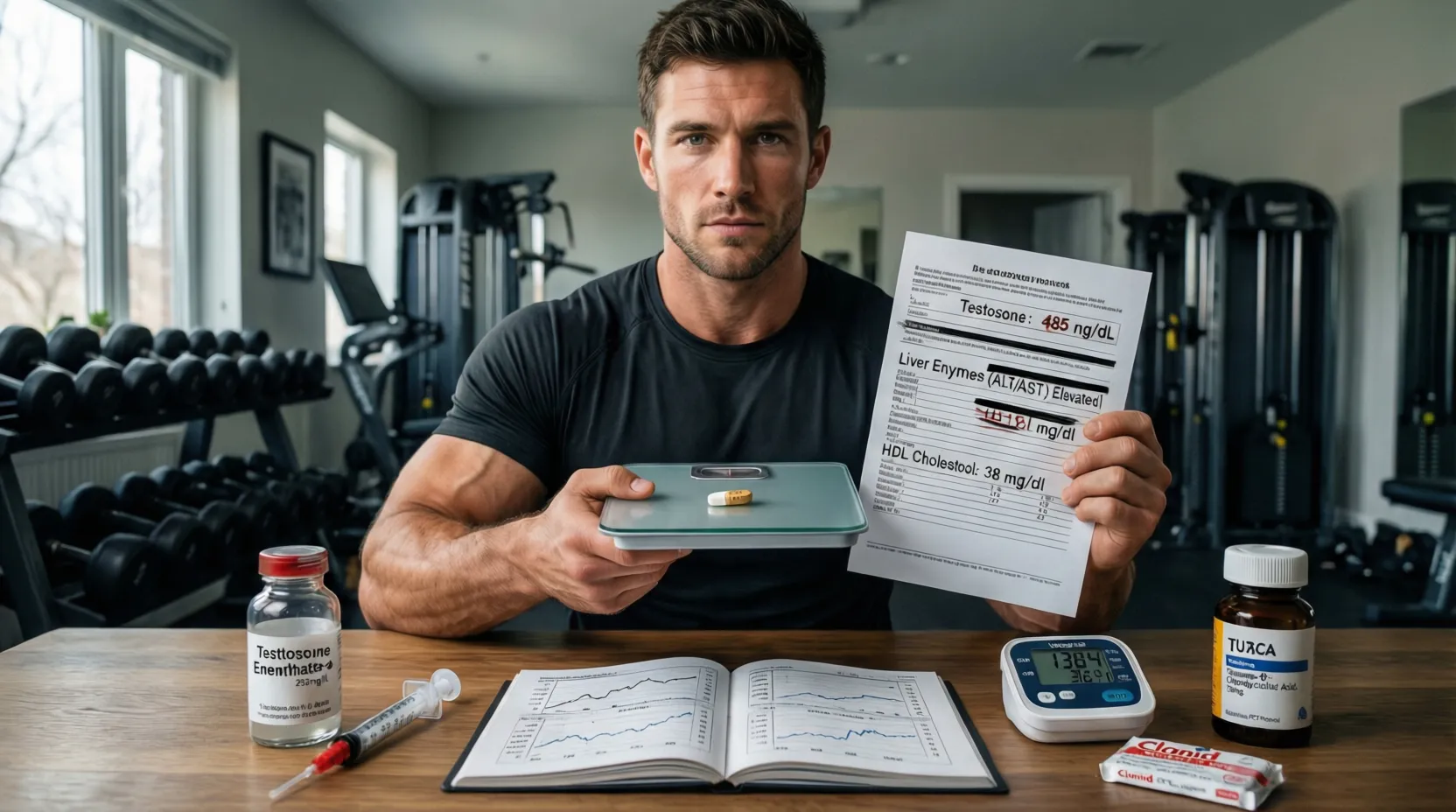 Bodybuilder in seinem Home-Gym wiegt eine Steroid-Tablette auf einer Präzisionswaage und hält Blutwerte in der Hand. Vor ihm liegen einerseits Testosteron und Trainingsplan, andererseits Blutdruckmesser und Entgiftungspräparate