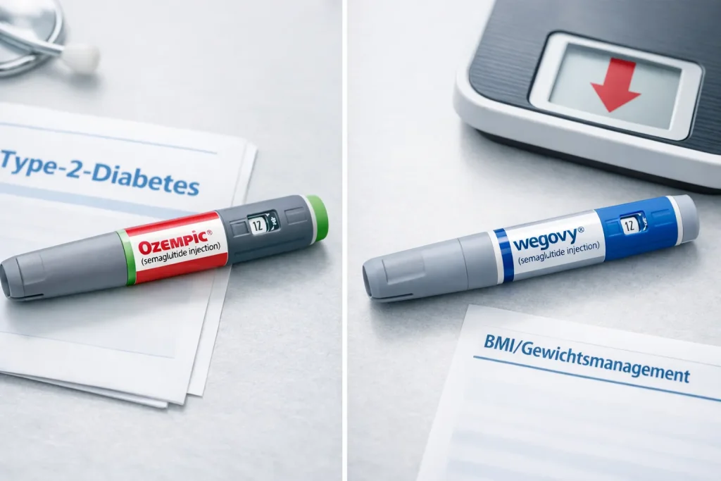 Direkter, hyperrealistischer Vergleich der Ozempic® (grüner Dosierer) und Wegovy® (blauer Dosierer) Injektionspens nebeneinander, visualisiert den Hauptunterschied in Dosierung und medizinischer Indikation