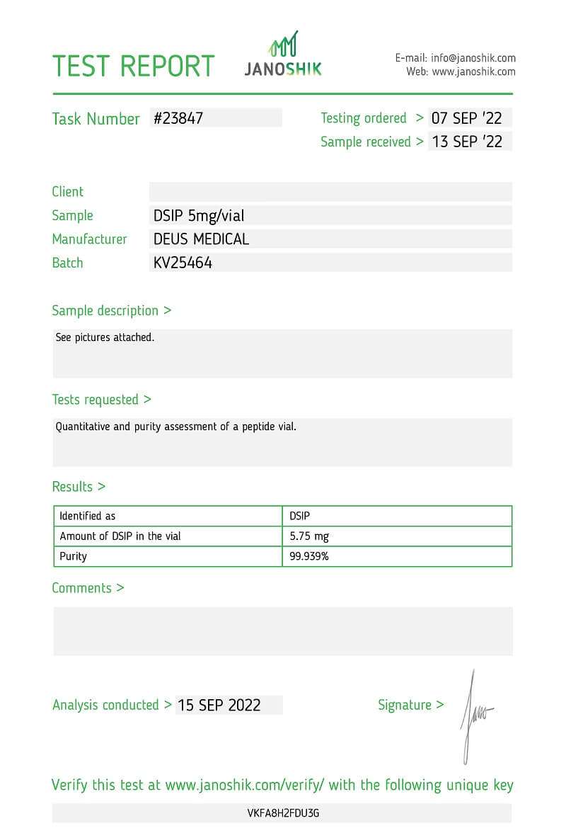 DSIP (Delta Sleep-Inducing Peptide) Deus Medical 70 mg 2 DSIP 70mg: Deus Medical Delta Sleep Inducing Peptide. Tiefschlaf verbessern, Regeneration, 70mg Lyophilisat, Laborqualität, nicht für Humanverbrauch.
