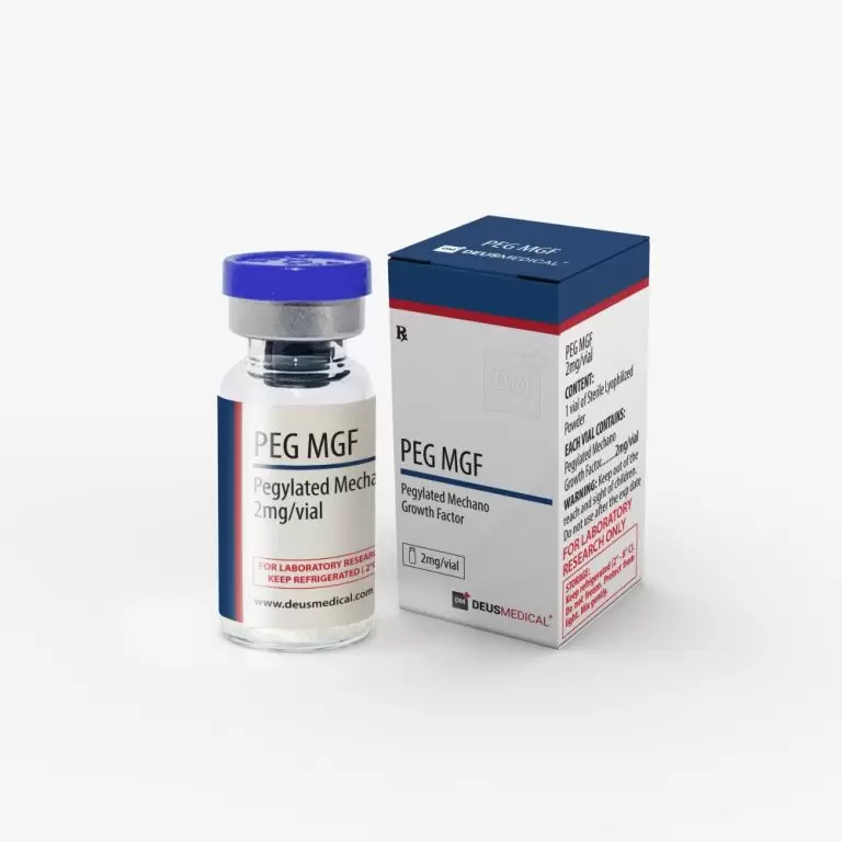 PEG-MGF (PEGyliertes Mechano-Growth-Factor) 2 mg lyophilisiertes synthetisches Peptid in steriler Durchstechflasche zur Rekonstitution mit bakteriostatischem Wasser und subkutaner Injektion – lokal anaboles Peptid von DeusMedical