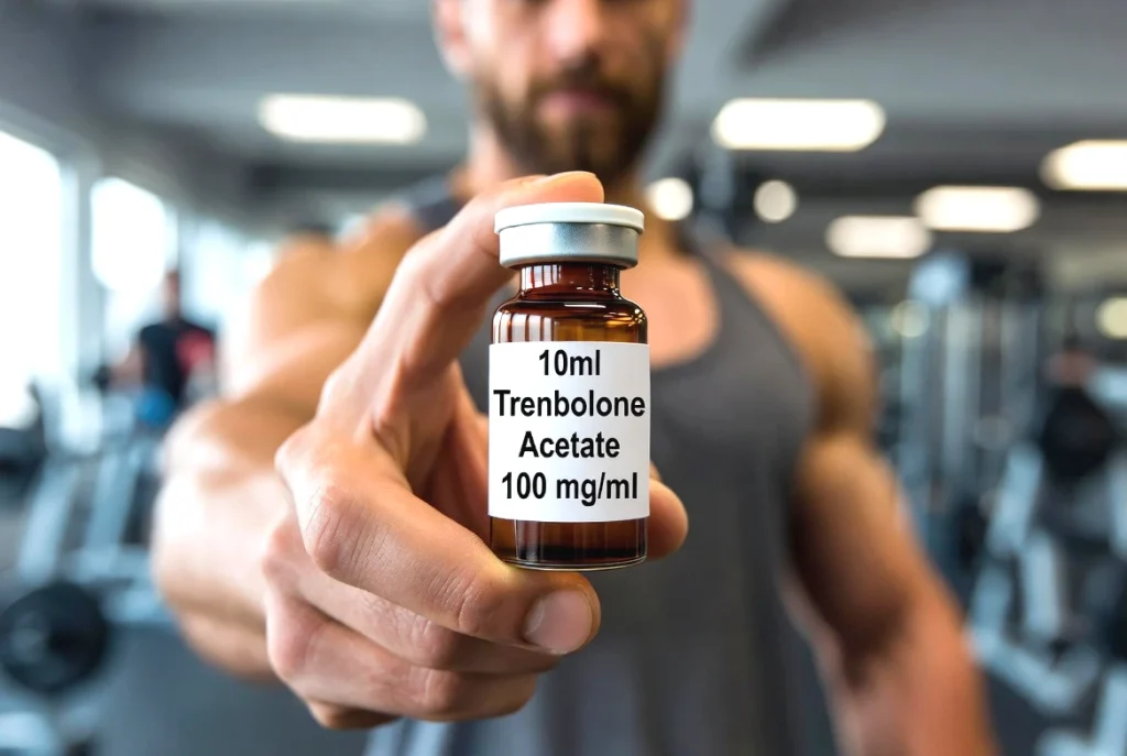Klinisch anmutendes Foto einer 10-ml-Mehrfachdosenampulle aus Braunglas mit der Aufschrift „Trenbolonacetat 100 mg/ml”, die von einem Bodybuilder im Fitnessstudio gehalten wird.