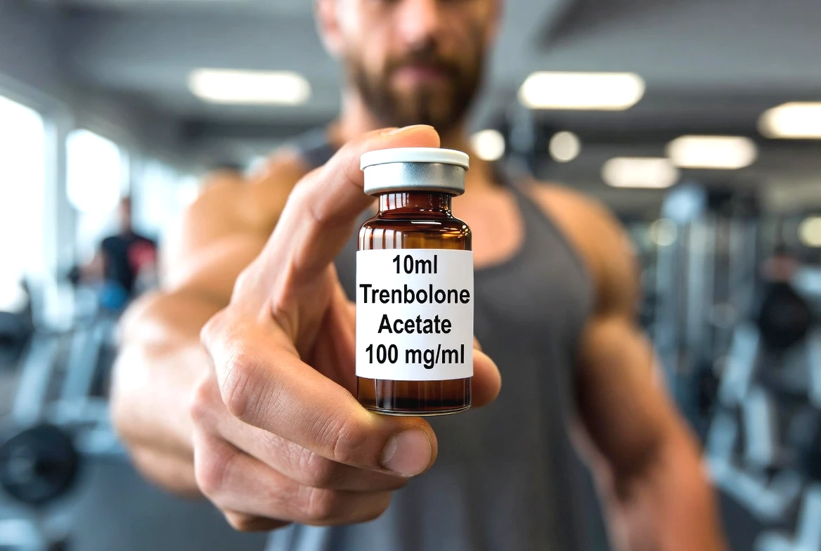 Klinisch anmutendes Foto einer 10-ml-Mehrfachdosenampulle aus Braunglas mit der Aufschrift „Trenbolonacetat 100 mg/ml”, die von einem Bodybuilder im Fitnessstudio gehalten wird.