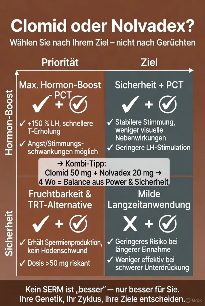 Clomifen für PCT und Testosteron: Was Bodybuilder wissen müssen 2 Clomid vs. Nolvadex je nach Ziel (PCT mit maximalem Hormon-Boost / sichere PCT / Fruchtbarkeitserhalt / Langzeitanwendung). Zeigt Vor- und Nachteile (LH-Stimulation, Stimmung, Sehrisiko, Hodenfunktion) und Empfehlung für Kombianwendung.