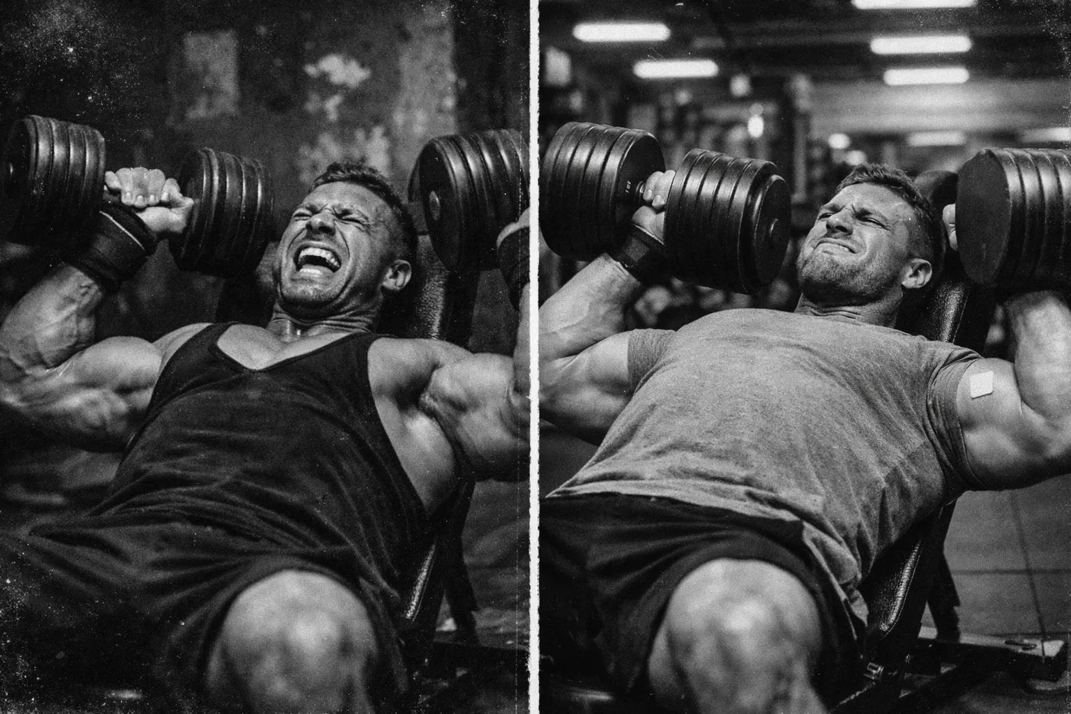 Links drückt ein Bodybuilder sichtbar leichtere Kurzhanteln unter extremster, primitiver Anstrengung in einem düsteren Gym. Rechts drückt dieselbe Person schwerere Hanteln mit kontrollierter Kraft in einem hellen Studio